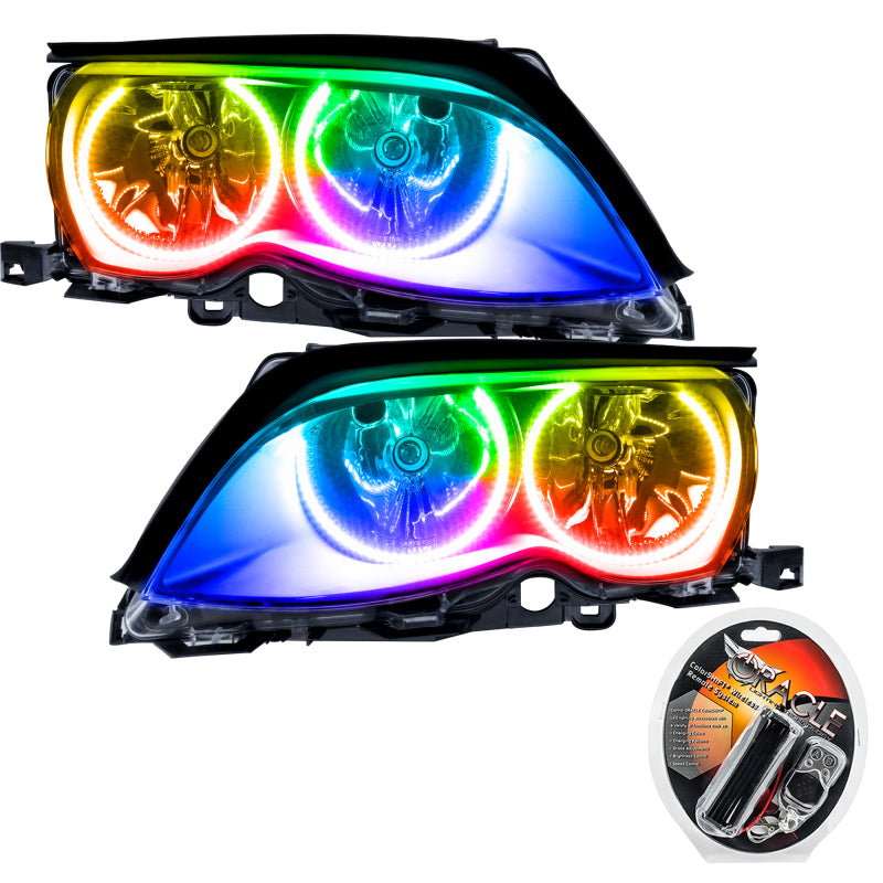 Oracle 02-05 BMW 3 Series SMD HL headlights in black with ColorSHIFT halo rings, showcasing a sleek design for enhanced visibility.