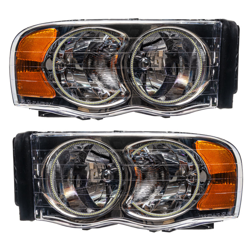 Oracle 02-05 Dodge Ram SMD headlights with ColorSHIFT halo rings and 2.0 controller, showcasing chrome and black housing options.