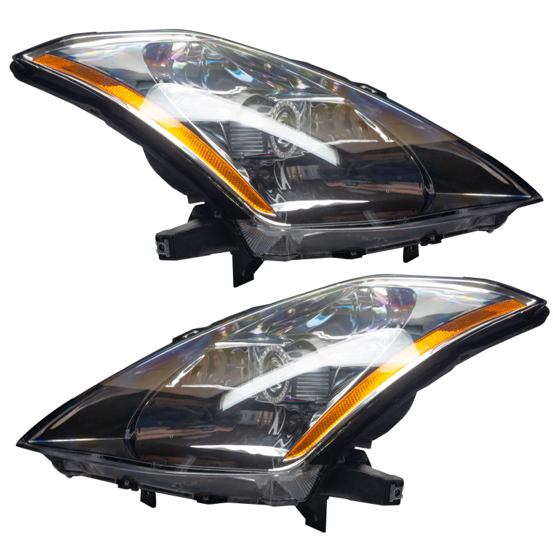 Oracle 03-05 Nissan 350Z SMD headlights with ColorSHIFT halo rings in Chrome and Black housing options.