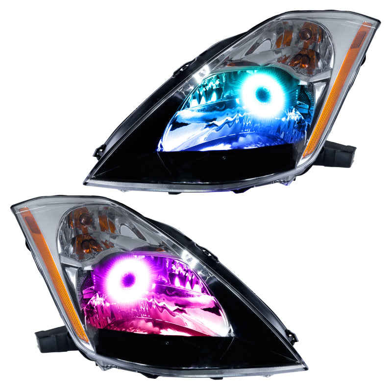 Oracle 03-05 Nissan 350Z SMD headlights with ColorSHIFT halo rings in Chrome and Black housing options.