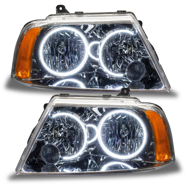 Oracle 03-06 Lincoln Navigator SMD HL headlights with white halo rings, showcasing chrome and black housing options.