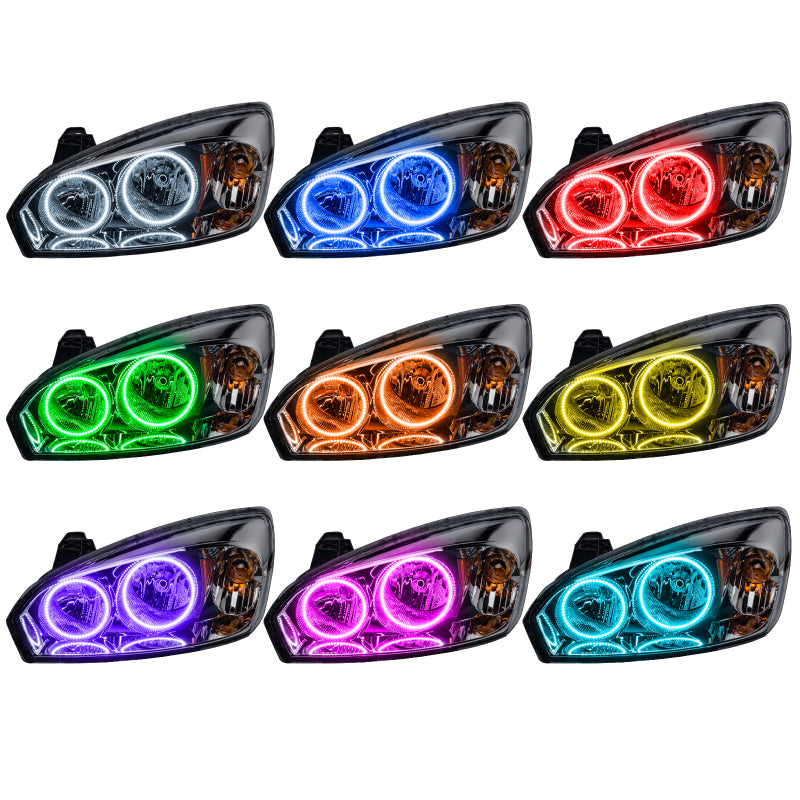 Oracle 04-07 Chevrolet Malibu SMD headlights with ColorSHIFT technology and 2.0 controller, showcasing sleek design and halo rings.