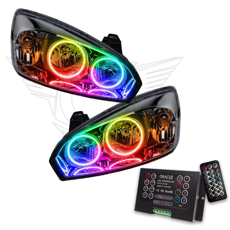 Oracle 04-07 Chevrolet Malibu SMD headlights with ColorSHIFT technology and 2.0 controller, showcasing sleek design and halo rings.