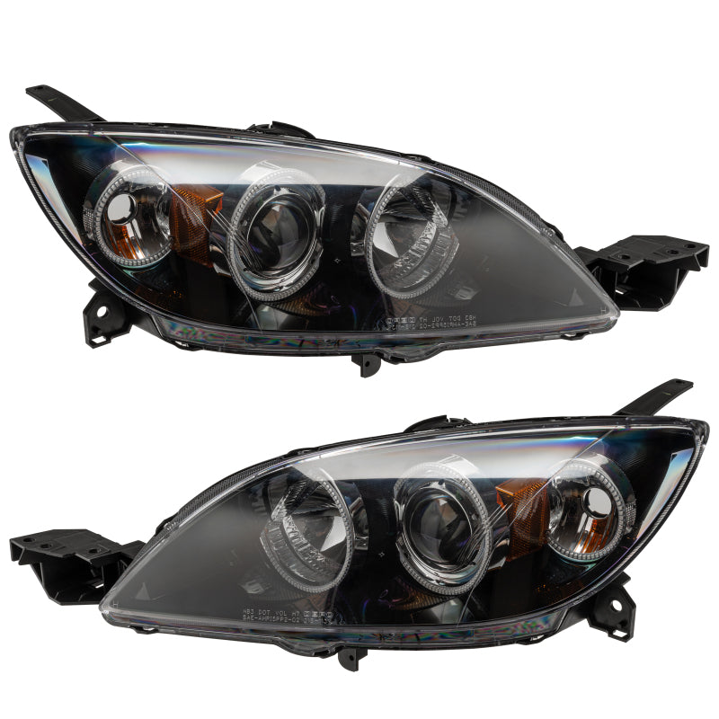 Oracle 04-09 Mazda 3 SMD HL headlights with halo rings in Chrome and Black housing options.