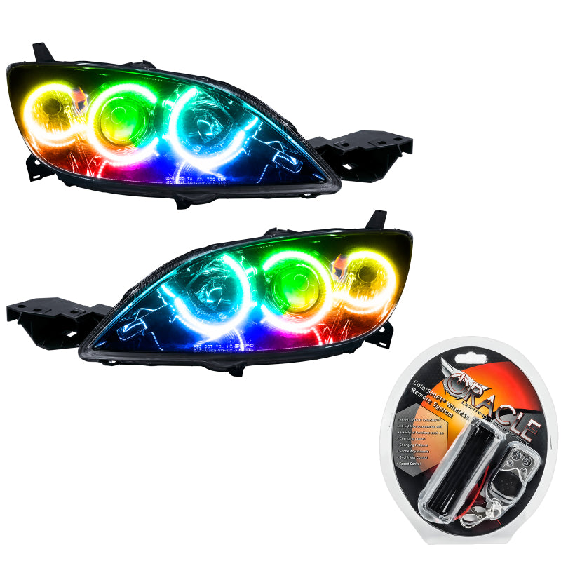 Oracle 04-09 Mazda 3 SMD headlights with ColorSHIFT halos in Chrome and Black housing options.