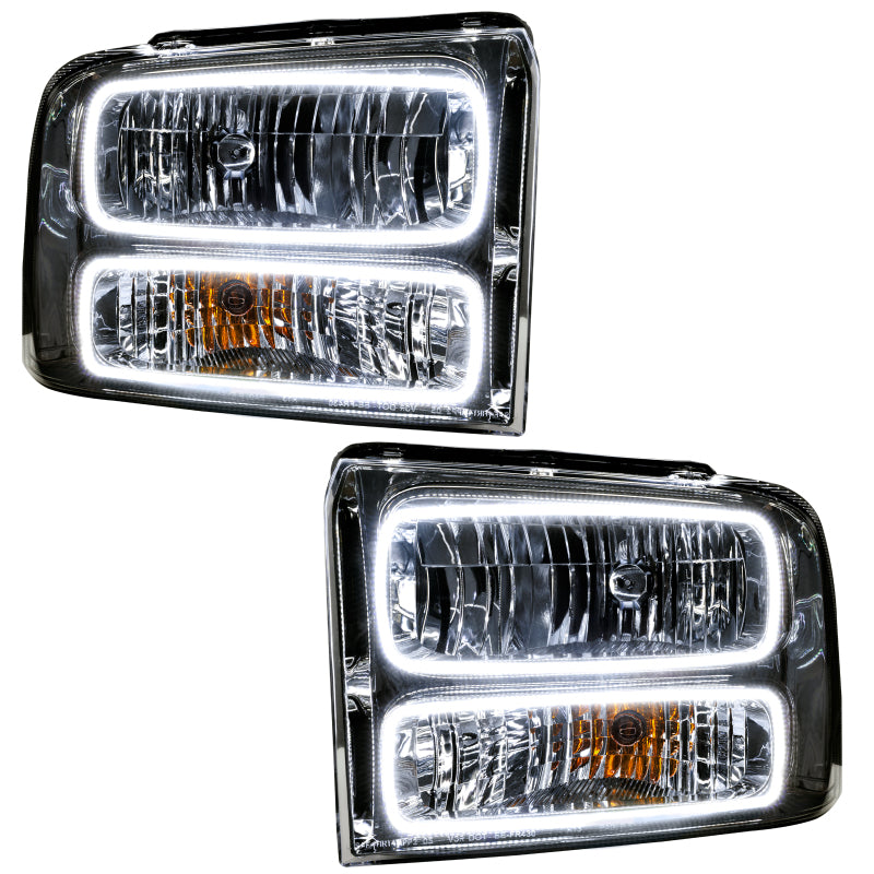 Oracle 05 Ford Excursion SMD headlights in chrome housing with white halo rings, showcasing a modern and stylish design.