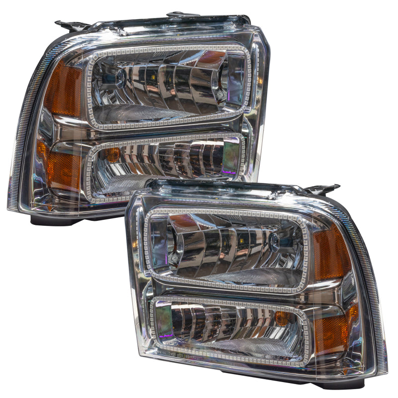 Oracle 05 Ford Excursion SMD headlights in chrome housing with white halo rings, showcasing a modern and stylish design.