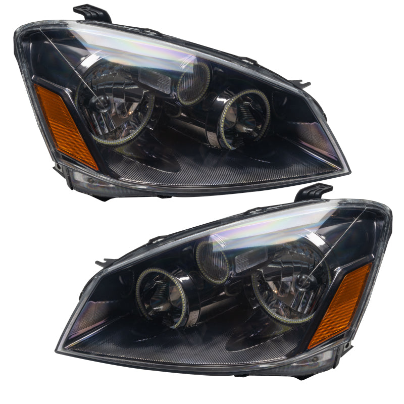 Oracle 05-06 Nissan Altima SMD headlights with white halo rings, showcasing chrome housing and professional installation.