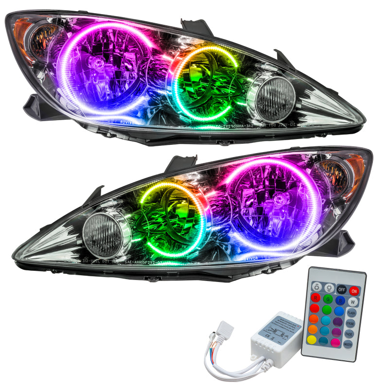 Oracle 05-06 Toyota Camry SMD headlights with ColorSHIFT halo rings, showcasing chrome and black housing options.