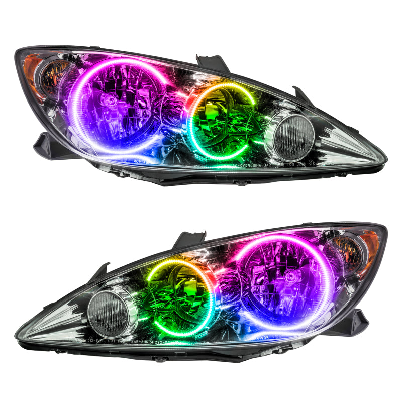 Oracle 05-06 Toyota Camry SMD headlights with ColorSHIFT halo rings, showcasing chrome and black housing options.