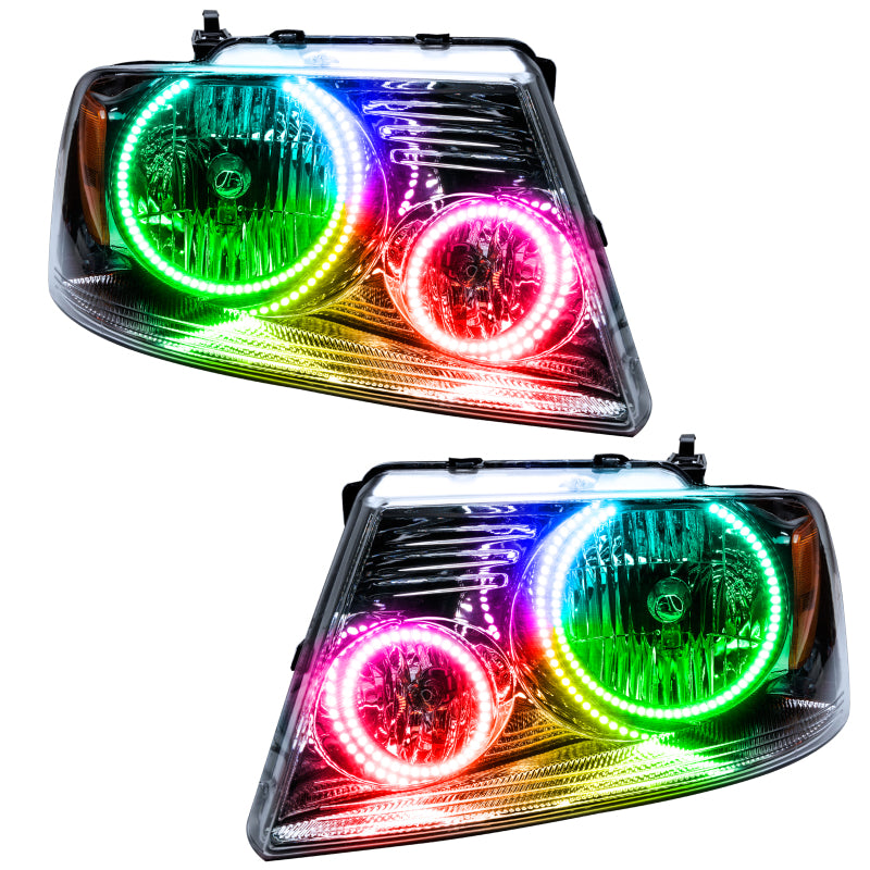 Oracle 05-08 Ford F-150 SMD Headlights with ColorSHIFT technology, featuring Chrome and Black housing options and pre-installed halo rings.