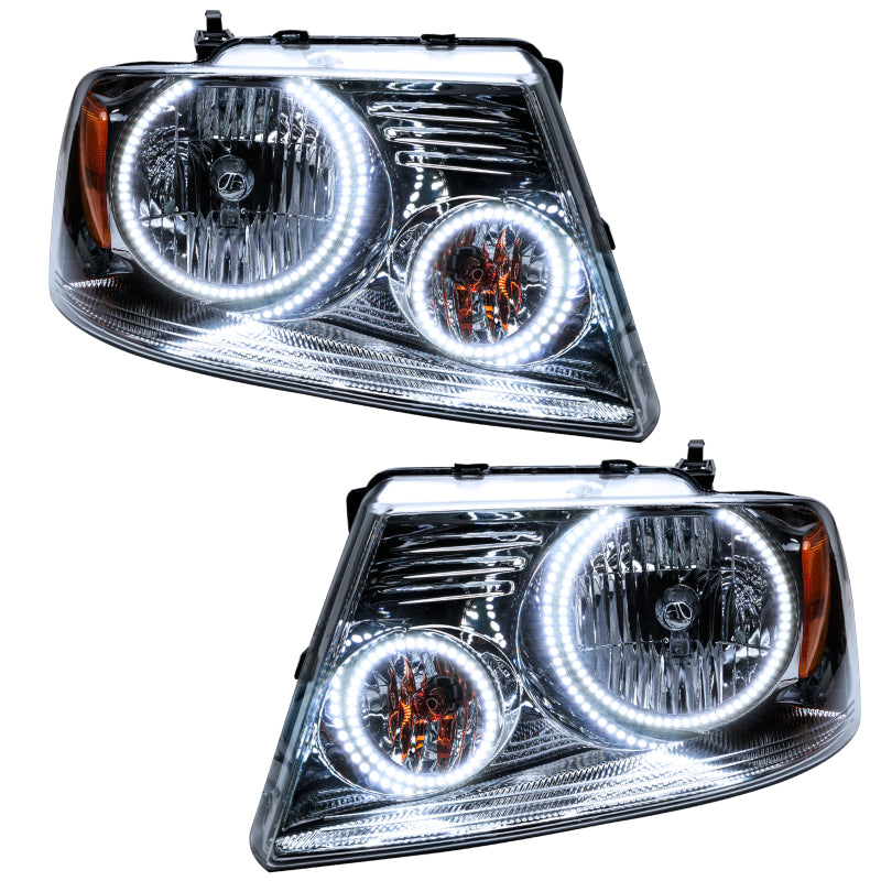 Oracle 05-08 Ford F-150 SMD headlights with white halo rings, showcasing chrome and black housing options.