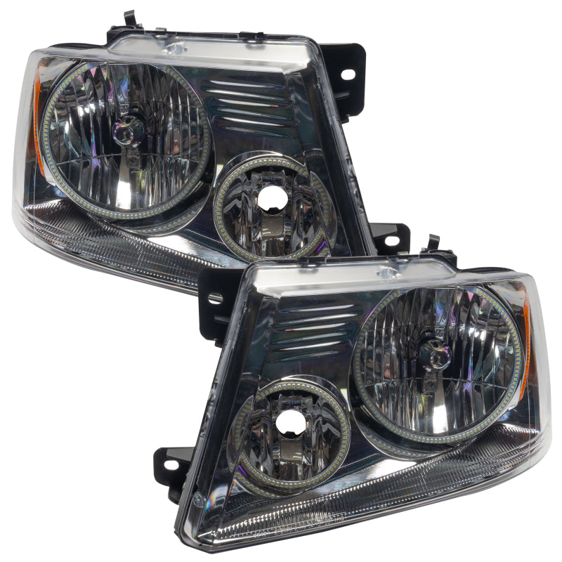 Oracle 05-08 Ford F-150 SMD headlights with white halo rings, showcasing chrome and black housing options.