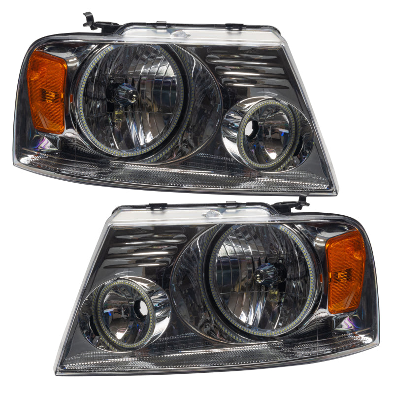 Oracle 05-08 Ford F-150 SMD headlights with white halo rings, showcasing chrome and black housing options.