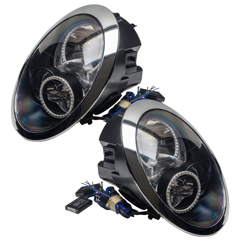 Oracle 05-08 Mini Cooper SMD headlights with ColorSHIFT halo rings in Chrome housing, showcasing a sleek design and advanced lighting technology.