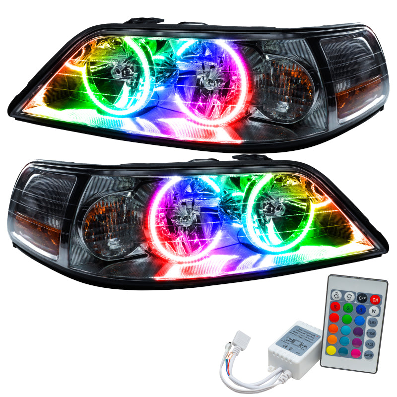 Oracle 05-11 Lincoln TownCar SMD headlights with ColorSHIFT halo rings in Chrome housing, showcasing modern automotive lighting design.