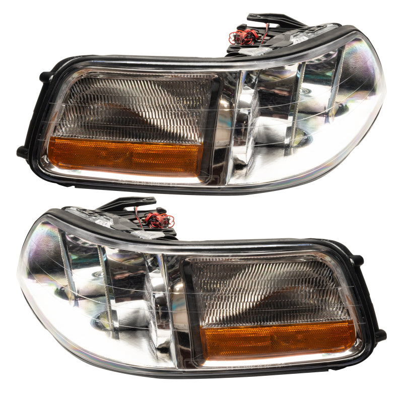 Oracle 05-11 Lincoln TownCar SMD headlights with ColorSHIFT halo rings in Chrome housing, showcasing modern automotive lighting design.