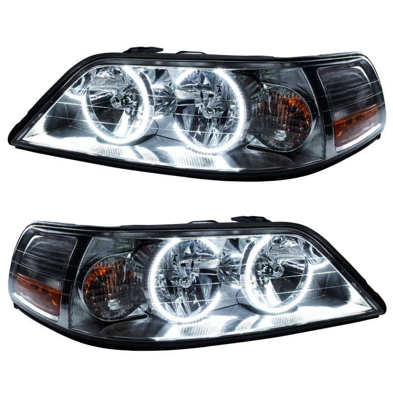 Oracle 05-11 Lincoln TownCar SMD HL headlights with white halo rings, showcasing chrome and black housing options.