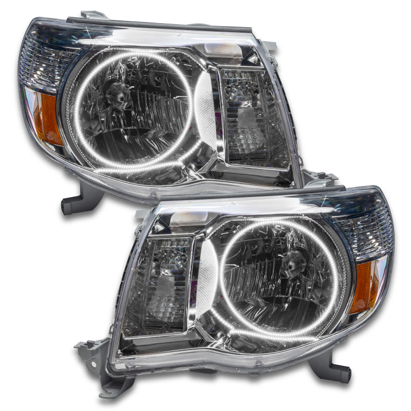 Oracle 05-11 Toyota Tacoma SMD headlights with halo rings in Chrome and Black housing options, showcasing their sleek design.