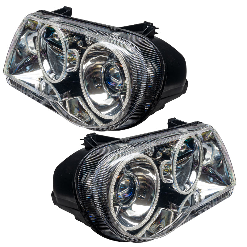 Oracle 05-10 Chrysler 300C V8 SMD headlights with pre-installed halo rings in Chrome and Black housing options.