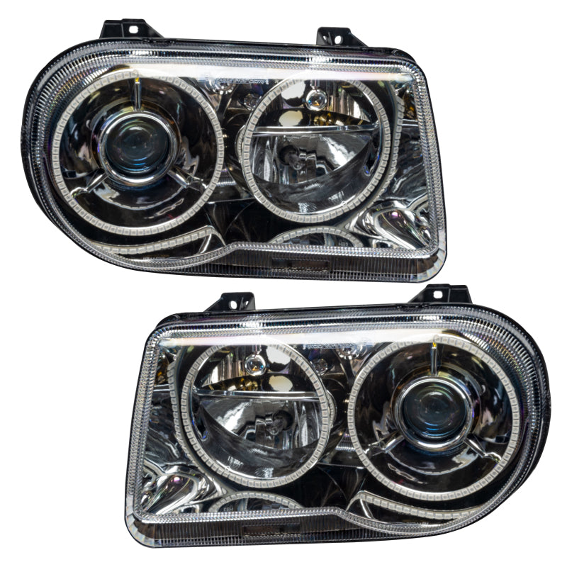 Oracle 05-10 Chrysler 300C V8 SMD headlights with pre-installed halo rings in Chrome and Black housing options.