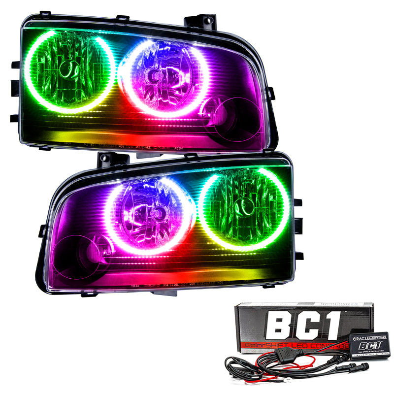 Oracle 05-10 Dodge Charger SMD headlights featuring ColorSHIFT technology, showcasing vibrant LED colors and a sleek design.