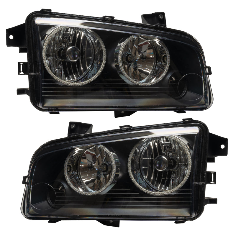 Oracle 05-10 Dodge Charger SMD headlights featuring ColorSHIFT technology, showcasing vibrant LED colors and a sleek design.