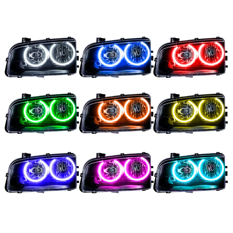 Oracle 05-10 Dodge Charger SMD headlights featuring ColorSHIFT technology, showcasing vibrant LED colors and a sleek design.