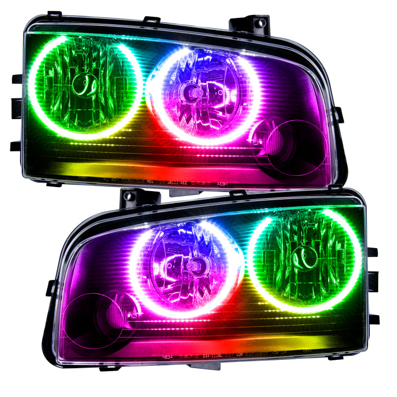 Oracle 05-10 Dodge Charger SMD headlights with ColorSHIFT technology, featuring Chrome and Black housing options.