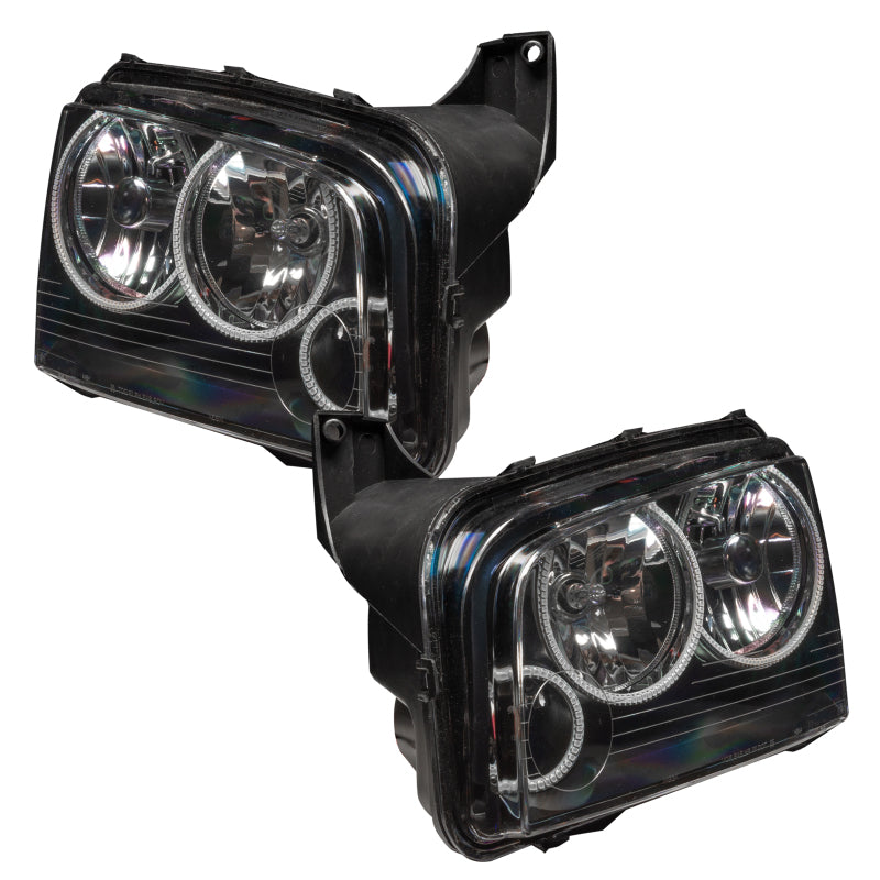 Oracle 05-10 Dodge Charger SMD headlights with triple white halo rings, showcasing chrome and black housing options.