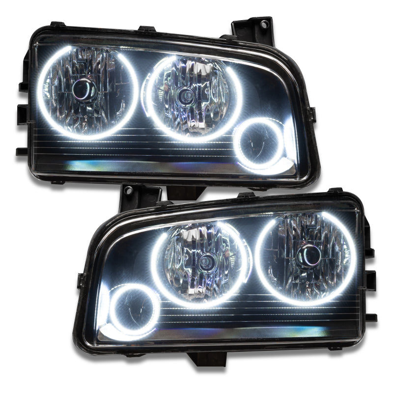 Oracle 05-10 Dodge Charger SMD headlights with triple white halo rings, showcasing chrome and black housing options.