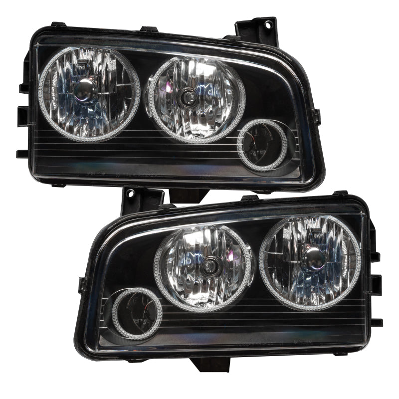 Oracle 05-10 Dodge Charger SMD headlights with triple white halo rings, showcasing chrome and black housing options.