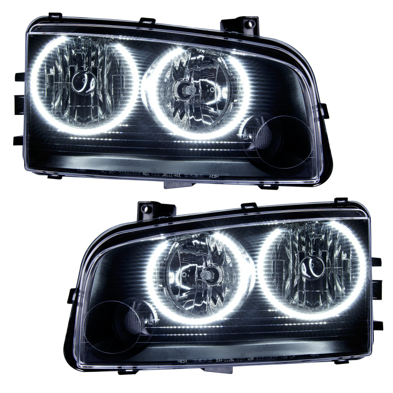 Oracle 05-10 Dodge Charger SMD headlights with white halo rings, showcasing chrome and black housing options.