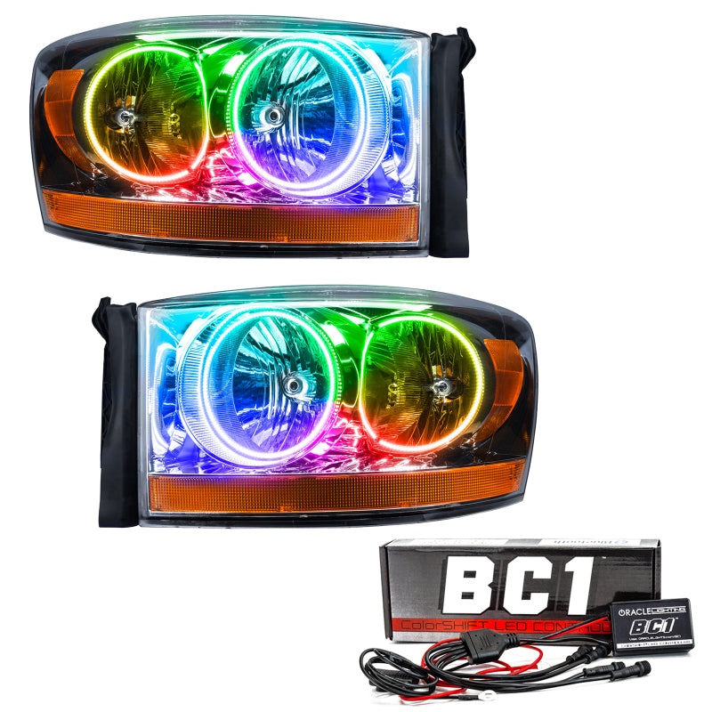 Oracle 06 Dodge Ram SMD headlights showcasing ColorSHIFT technology and BC1 controller, designed for enhanced vehicle lighting.