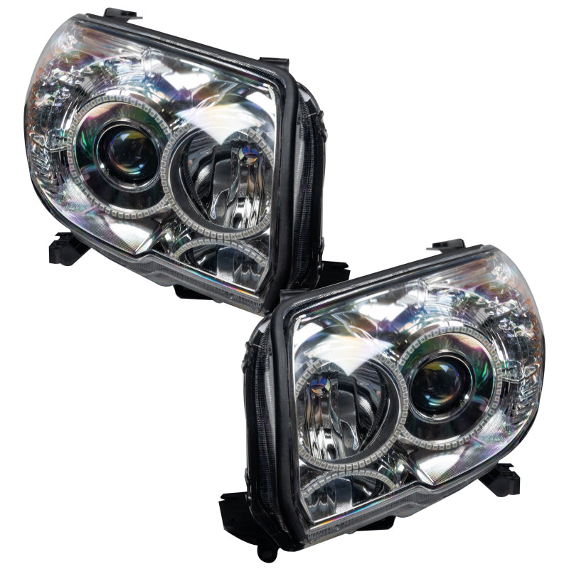 Oracle 06-09 Toyota 4Runner SMD headlights with ColorSHIFT technology, featuring Chrome or Black housing and installed halo rings.