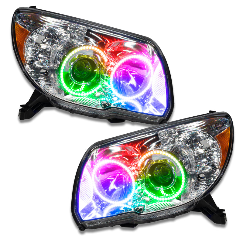 Oracle 06-09 Toyota 4Runner SMD headlights with ColorSHIFT technology, featuring Chrome or Black housing and installed halo rings.