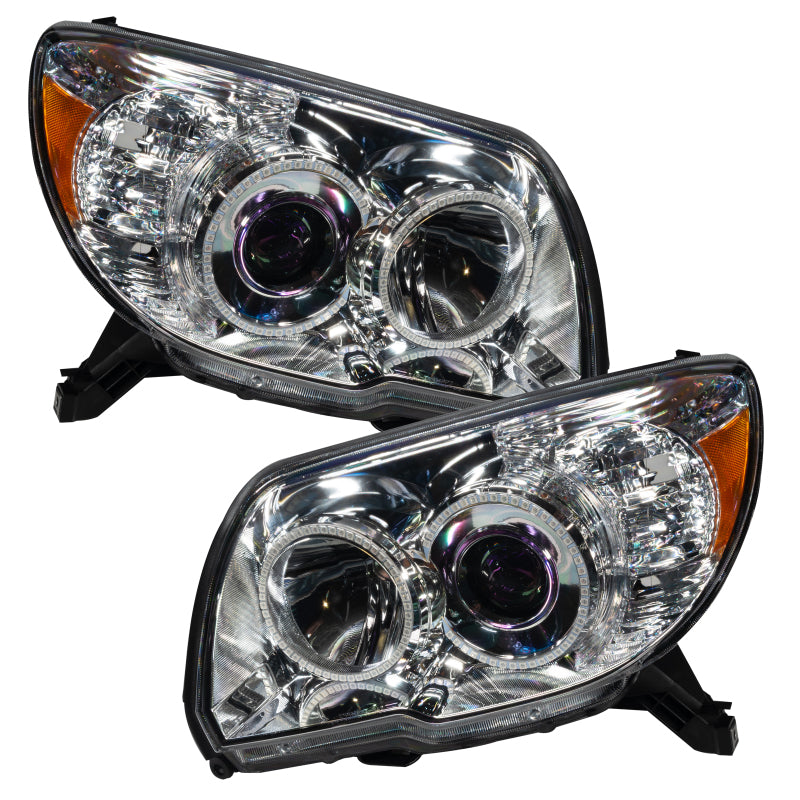 Oracle 06-09 Toyota 4Runner SMD headlights with ColorSHIFT technology, featuring Chrome or Black housing and installed halo rings.