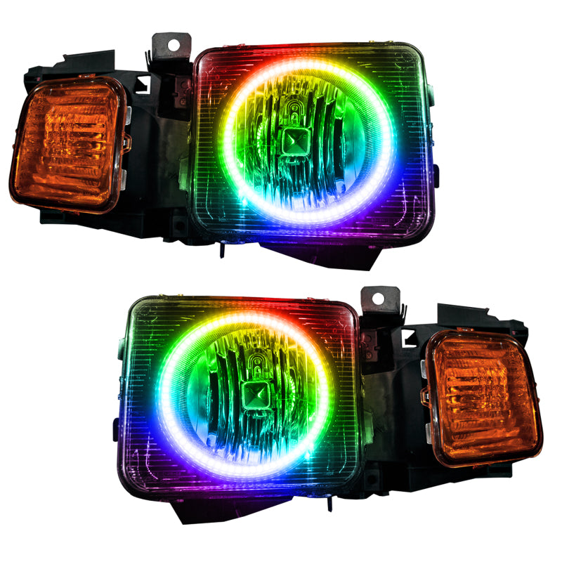 Oracle 06-10 Hummer H3 SMD headlights with ColorSHIFT halo rings and 2.0 controller, showcasing chrome and black housing options.