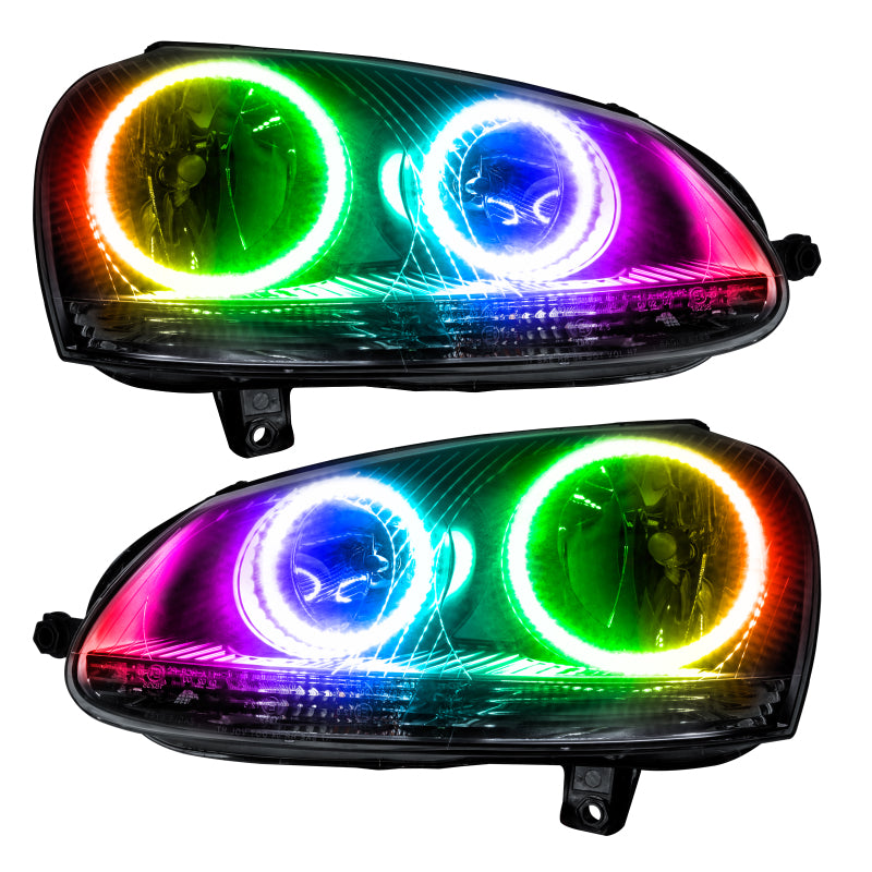 Oracle 06-10 Volkswagen Jetta SMD headlights in chrome with ColorSHIFT technology, showcasing halo rings for enhanced visibility.