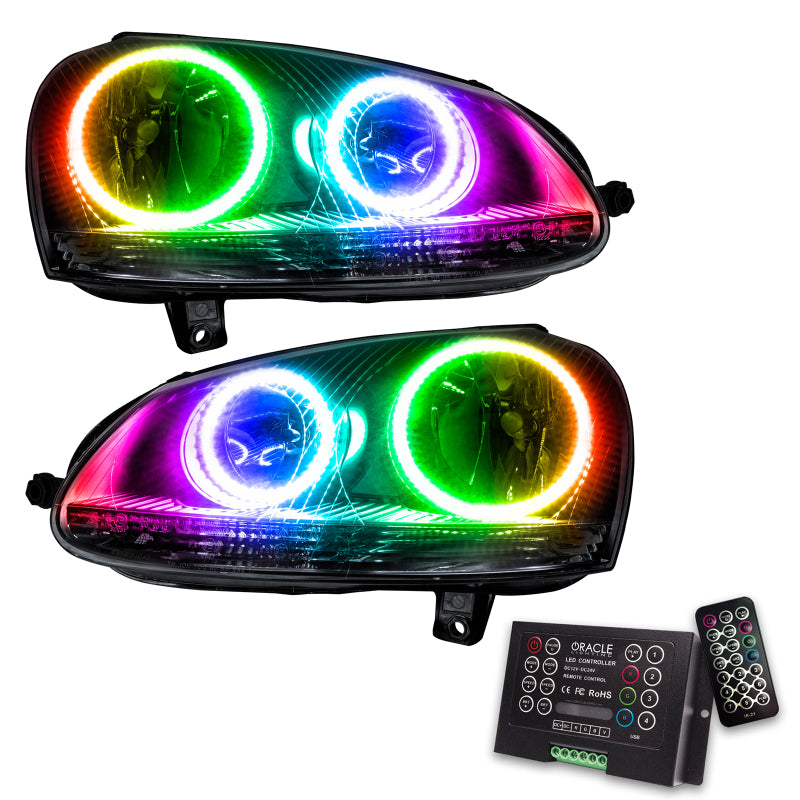 Oracle 06-10 Volkswagen Jetta SMD headlights in chrome with ColorSHIFT technology, showcasing halo rings for enhanced visibility.