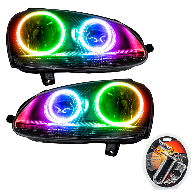 Oracle 06-10 Volkswagen Jetta SMD HL headlights with Chrome housing and ColorSHIFT halo rings, showcasing a modern design for enhanced visibility.