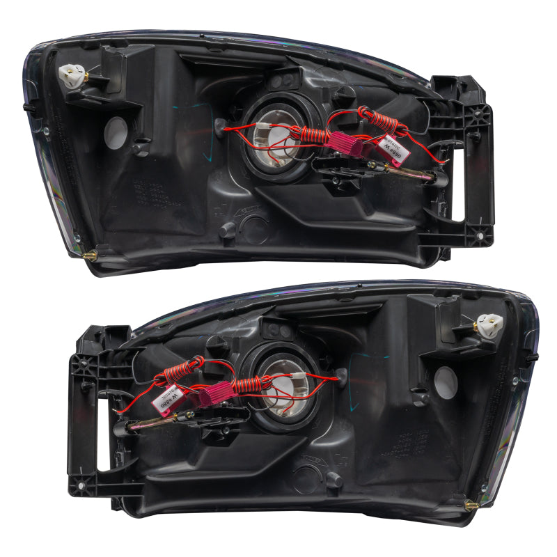 Oracle 07-08 Dodge Ram SMD headlights in black with ColorSHIFT halo rings and 2.0 controller, showcasing modern automotive lighting technology.