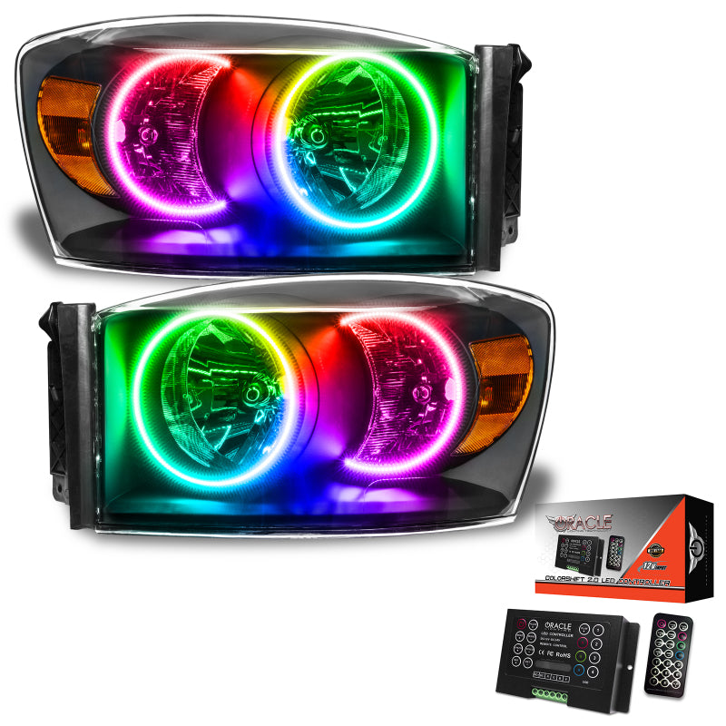 Oracle 07-08 Dodge Ram SMD headlights in black with ColorSHIFT halo rings and 2.0 controller, showcasing modern automotive lighting technology.