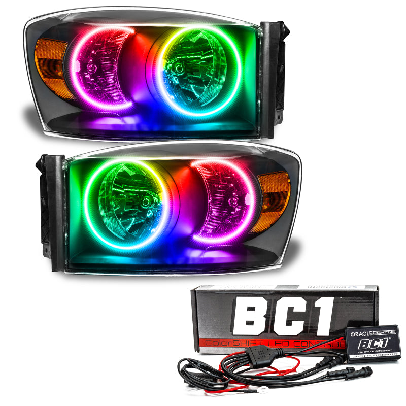 Oracle 07-08 Dodge Ram SMD HL - Black ColorSHIFT headlights with BC1 Controller, showcasing vibrant LED technology and sleek design.