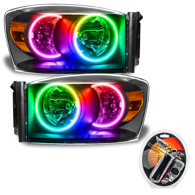 Oracle 07-08 Dodge Ram SMD Headlights in Black with ColorSHIFT halos, showcasing a modern design and bright illumination.