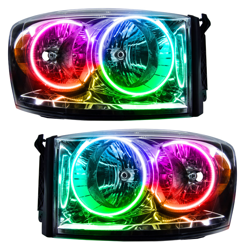 Oracle 07-08 Dodge Ram SMD headlights with ColorSHIFT technology and 2.0 controller, showcasing chrome and black housing options.