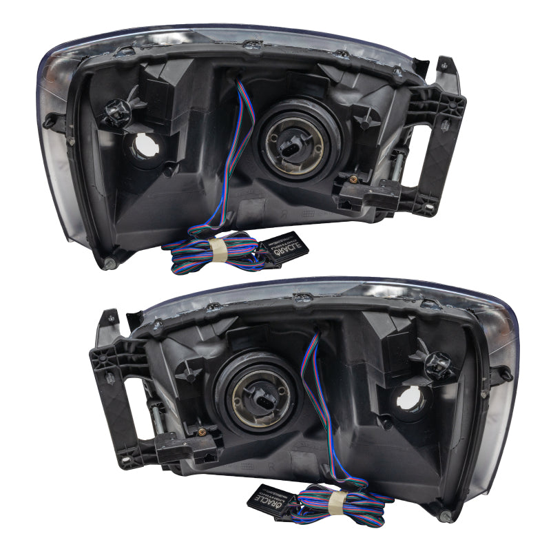 Oracle 07-08 Dodge Ram SMD headlights with ColorSHIFT technology and 2.0 controller, showcasing chrome and black housing options.