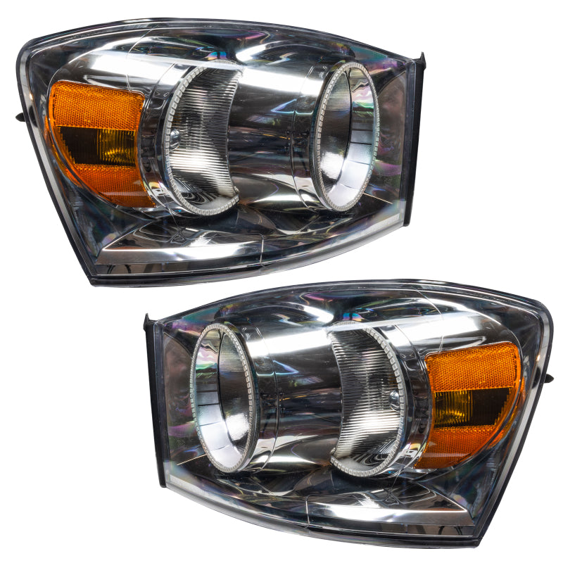 Oracle 07-08 Dodge Ram SMD headlights with ColorSHIFT technology and 2.0 controller, showcasing chrome and black housing options.