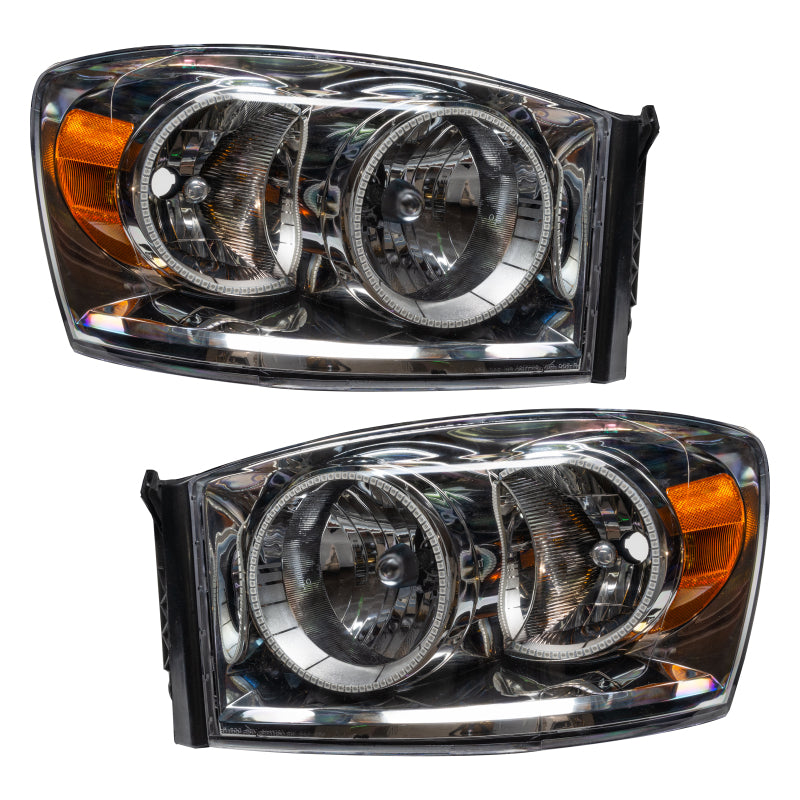 Oracle 07-08 Dodge Ram SMD headlights with ColorSHIFT technology and 2.0 controller, showcasing chrome and black housing options.