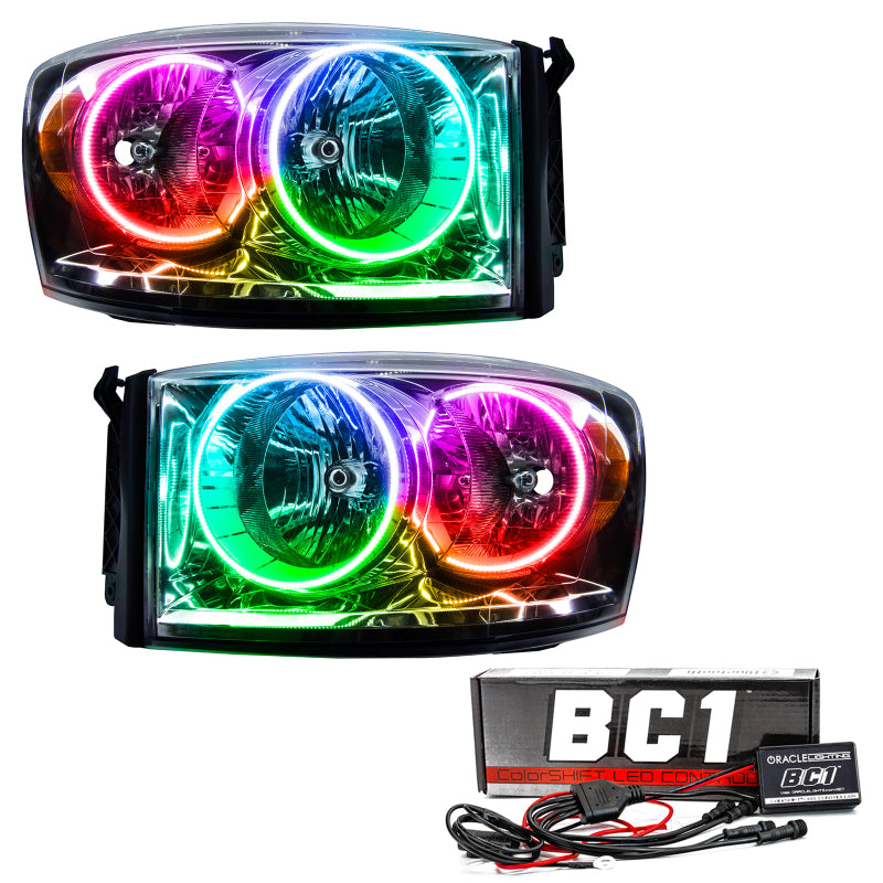 Oracle 07-08 Dodge Ram SMD HL ColorSHIFT headlights with BC1 controller, showcasing vibrant LED colors and sleek design.